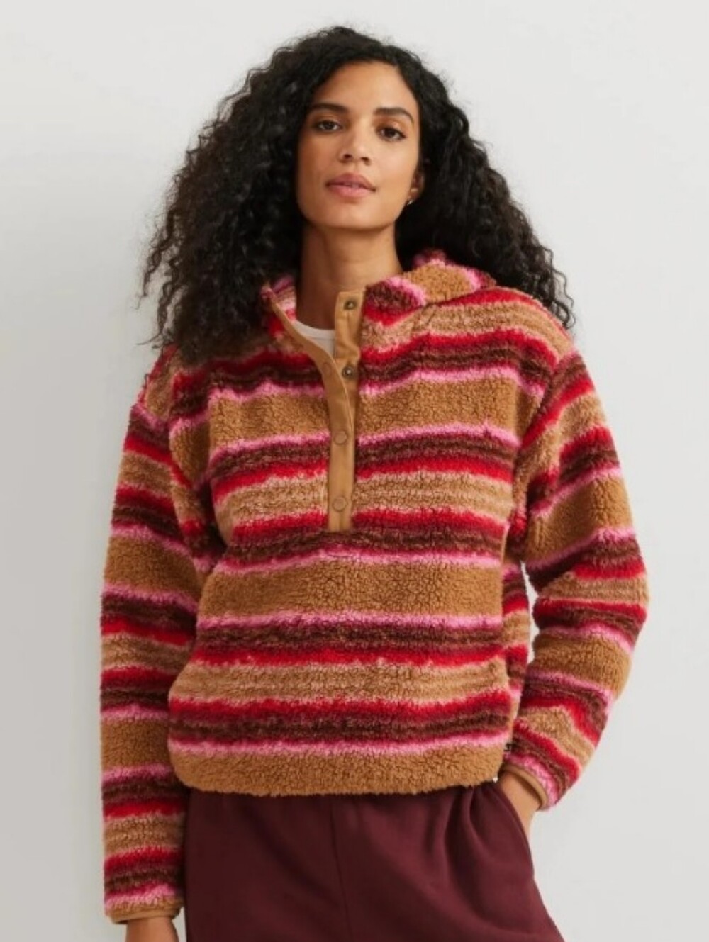 Eddie Bauer Hooded Striped Sherpa Pullover in Brown & Pink